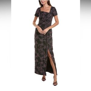 Kay Unger Embroidered Jacquard Asymmetrical Square Neckline Short Sleeve Gown